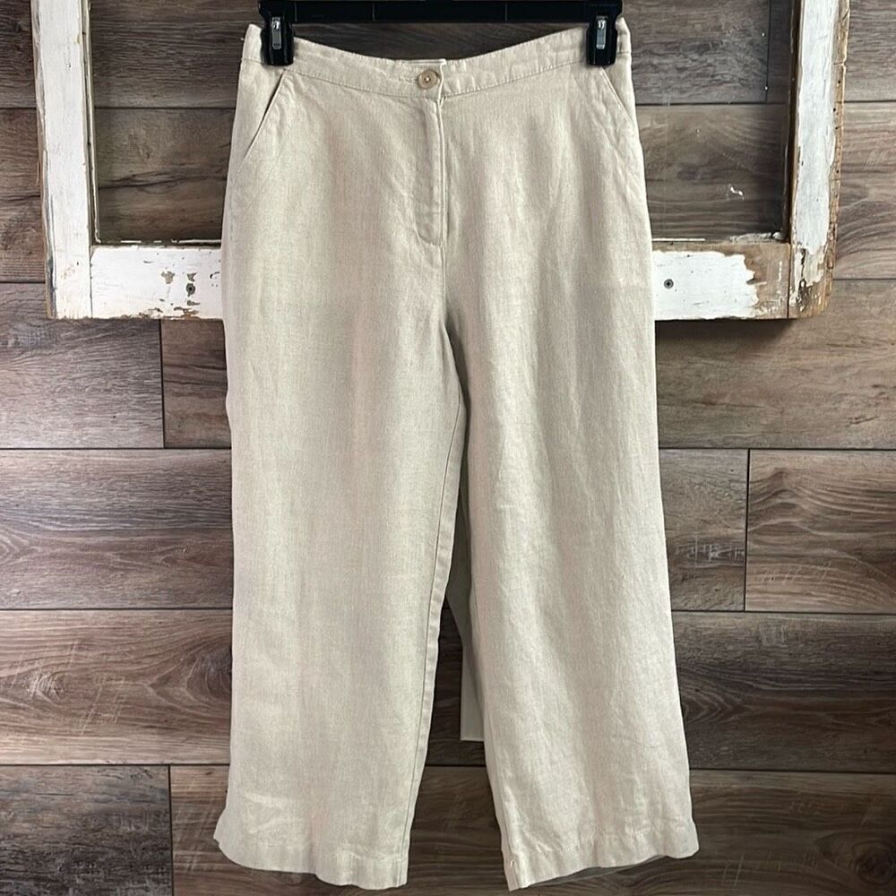 L.L. Bean Women’s Khaki Linen Classic Fit Straight Button Zip Leg Pants Sz 10